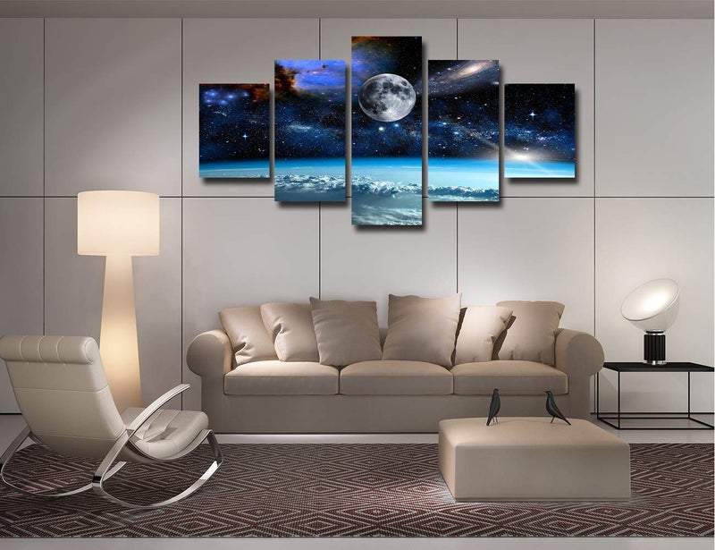 Artbrush Tower 5 Pieces Canvas Art Outer Space Universe Planet Earth Galaxy Stars Pictures Wall Decor Living Room Office Bedroom Bathroom Decoration Artwork Frame Poster Painting Ready to Hang(60 x 32 inches) - Image 3